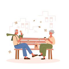 An elderly couple in the autumn town park on a bench. Leaves, coffee, books and relationships. Vector illustration.