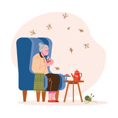 An elderly woman drinks tea at home on an armchair. Warmth and comfort in autumn, home interior. Vector illustration.
