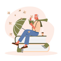 Book reading concept, elderly man sitting on a pile of books and reading a book. Education, poetry and study. Literature lover or bookworm metaphor, vector illustration. Autumn mood.