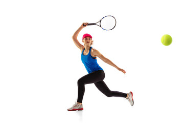Fototapeta na wymiar Young sportive woman, tennis player playing tennis isolated on white background. Healthy lifestyle, fitness, sport, exercise concept.