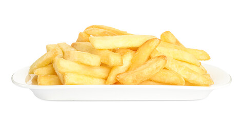 Plate with delicious french fries on white background