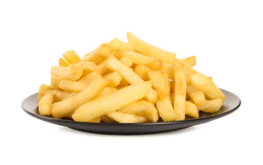 Plate with delicious french fries on white background