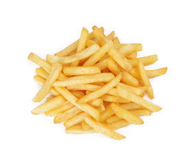 Delicious fresh french fries on white background, top view