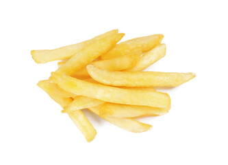 Delicious fresh french fries on white background, top view