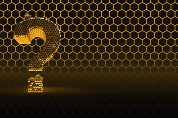 Question mark hive with bee on honey comb.  Shiny hexagonal gold money on a black background.