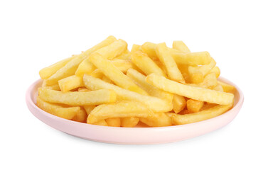 Plate with delicious french fries on white background