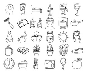 Healthy lifestyle Doodle vector icon set. Drawing sketch illustration hand drawn line eps10