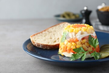 Delicious fish aspic served on grey table, closeup