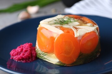 Delicious chicken aspic with vegetables on plate, closeup - obrazy, fototapety, plakaty