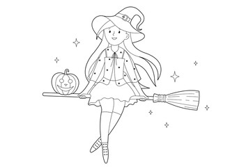 Halloween cute witch flying on broom. Black and white vector illustration for coloring book