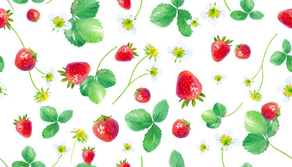 イチゴの水彩イラスト、葉と花と実をちりばめたシームレスパターン（透過背景）