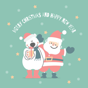 merry christmas and happy new year with cute santa claus and white teddy polar bear, snowflake, star in the winter season green background, flat vector illustration cartoon character costume design