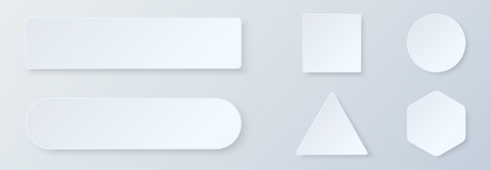 Obraz premium White 3d blank buttons set with shadow. Template design for banner, web or mobile app, ui. Various type of button - square, round, triangle, hexagon, rectangle. Vector illustration