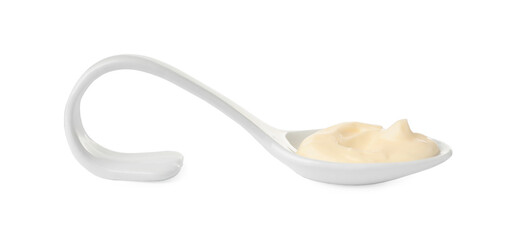 Mayonnaise in ceramic serving spoon isolated on white