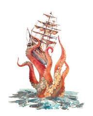 Cartoon sea monster scene. Watercolor tentacles attack the ship
