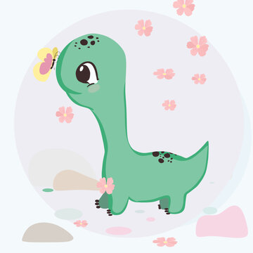 Cute Baby Dinosaur and Butterfly Vector Illustration