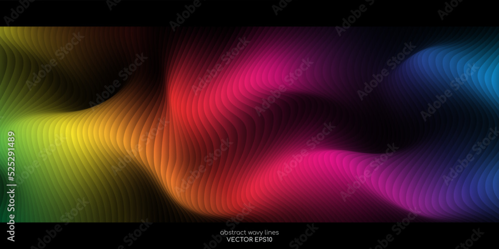 Poster 3D Vector wave pattern smooth curve flowing dynamic overlay colorful spectrum light gradient on black background for concept of technology, digital, science, music, modern.