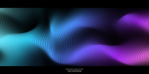 3D Vector wave pattern smooth curve flowing dynamic overlay colorful blue purple gradient on black background for concept of technology, digital, science, music, modern.