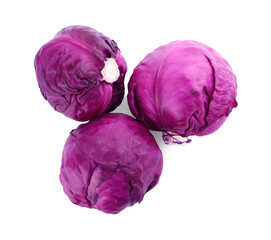 Obraz premium Fresh ripe red cabbages on white background, top view