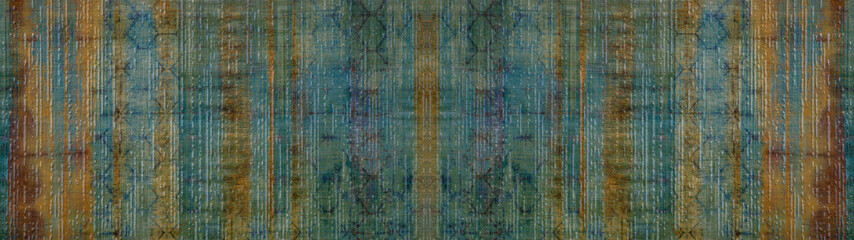 Old brown green orange rusty vintage worn shabby patchwork motif tiles stone concrete cement wall wallpaper texture background banner panorama pattern
