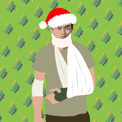 A young male soldier wears a Xmas red hat,  putting  on a neck brace and has a hand bandage on his shoulders, a bandage on his hands and gloves on his palms,  green Xmas tree  background , vector
