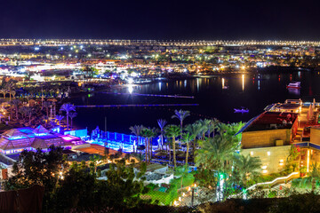 Obraz premium View of Naama Bay in Sharm El Sheikh, Egypt at night. View from above