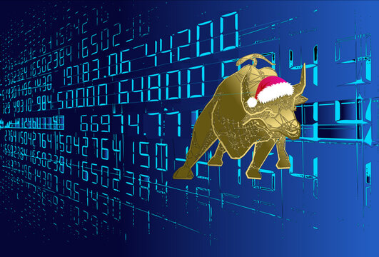 A golden Wall Street bull wears red Xmas hat, floating in front of a blue background showing lots of numbers symbolizes the automated trading system, financial firm and the fin tech. Vector.