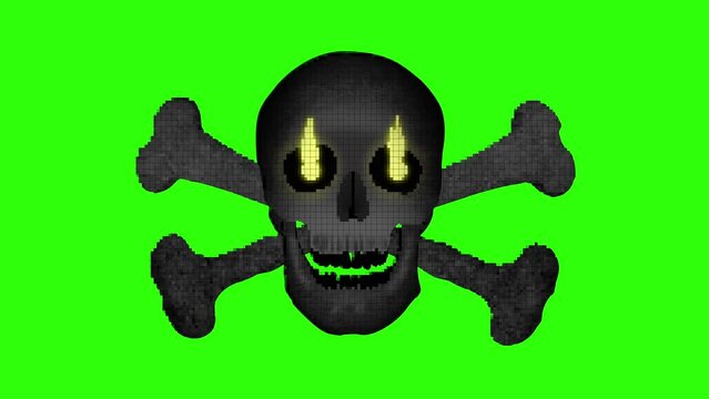 GREEN SCREEN ANIMATION SKULL AND CROSSBONES PIXEL STYLE MOTION GRAPHICS 4K. Fun Animation of Skull and crossbones laughing maniacally with flaming eyes that pulse and glow. Bones spine behind him.