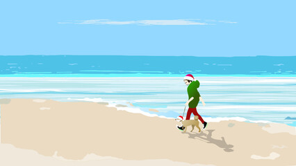 girl walks a brown dog on the beach in front of a turquoise ocean in a green hoodie, both wear red Xmas hats, under a clear blue sky with white clouds, realistic minimalist illustration vector