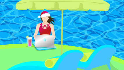 a beautiful young woman wears a red Xmas hat in a swimsuit uses a silver laptop best to a blue beach chair under a yellow parasol by the swimming pool, minimalist illustration vector