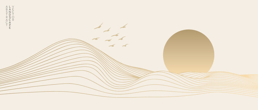 Vector abstract art landscape mountain with birds and sunrise sunset by golden line art texture isolated on white beige background. Minimal luxury style for wallpaper, wall art decoration.