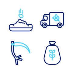 Set line Bag of flour, Scythe, Flour truck and Seed icon. Vector