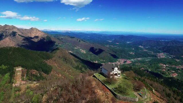 drone flight over and around a church on a mountain