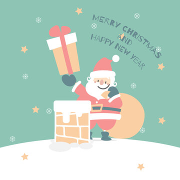 merry christmas and happy new year with cute santa claus and present gift with chimney in the winter season green background, flat vector illustration cartoon character costume design