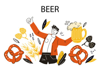 Beer emblem or badge design with character, doodle vector illustration isolated.