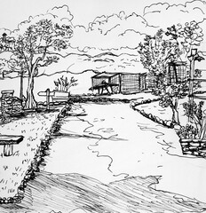 Paesaggio rurale, disegno a mano libera a inchiostro nero