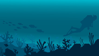 Silhouette of coral reef with fishes and diver on bottom in blue sea. Vector nature illustration. Marine underwater life.