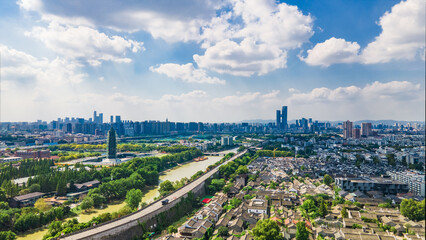 Aerial photography of Dabaoen Temple and Laomendong Historical and Cultural District in Nanjing City, Jiangsu Province, China under the blue sky