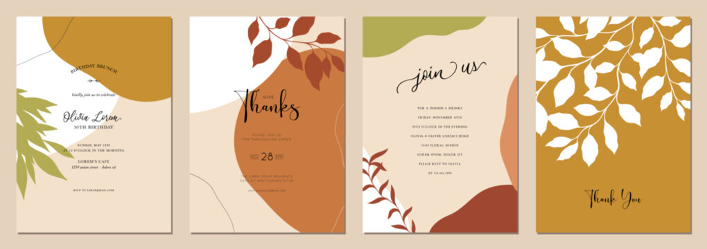 Creative abstract templates in autumn colors. For wedding, birthday, invitation, poster, business card, page cover, brochure, email header, post in social networks, advertising, corporate style.