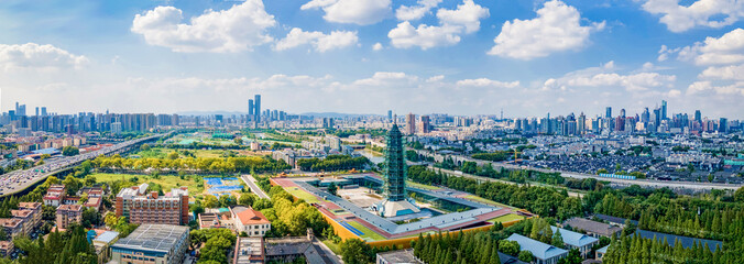 Aerial photography of Dabaoen Temple and Laomendong Historical and Cultural District in Nanjing...
