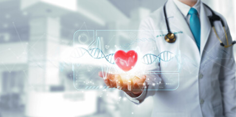 Doctor analyzing holding red heart shape in hand with modern virtual screen interface. Healthcare and medicine concept - 525294666