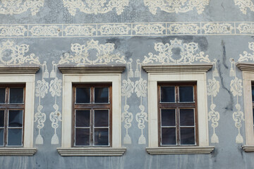 Sgraffito wall decor at front of historical building.Banska Stiavnica,Slovakia.