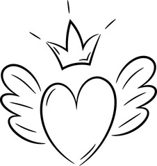 Heart with wings and crown doodle isolated vector illustration clipart.