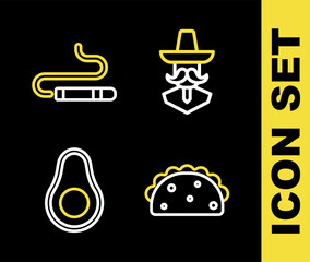 Set line Mexican man sombrero, Taco with tortilla, Avocado fruit and Cigar icon. Vector