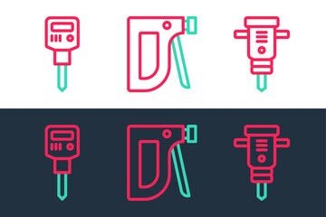 Set line Construction jackhammer, and stapler icon. Vector