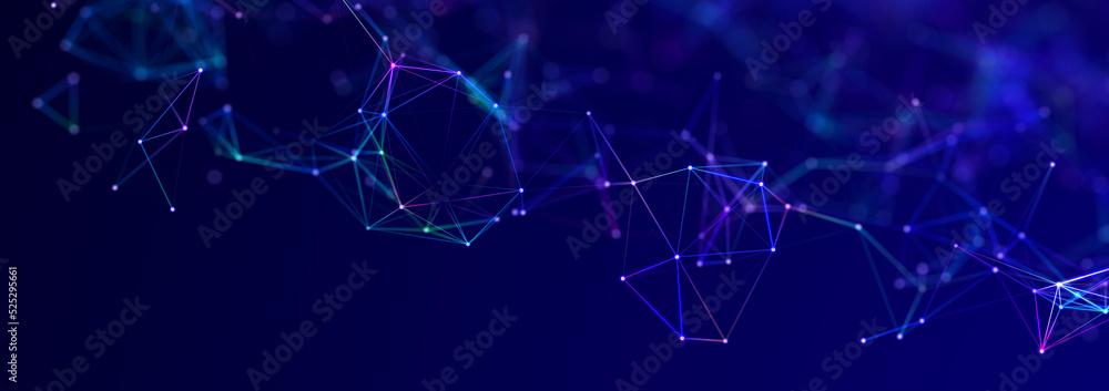 Poster structure of connected lines and dots. wireframe polygonal elements on a dark background. science an