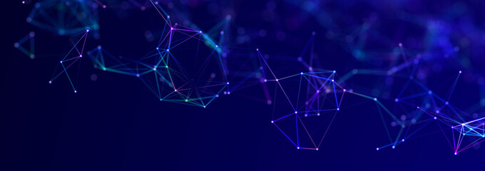 Structure of connected lines and dots. Wireframe polygonal elements on a dark background. Science and technology. 3d