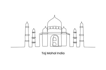 Continuous one line drawing taj Mahal palace landmark in Agra, India. Landmarks concept. Single line draw design vector graphic illustration. - obrazy, fototapety, plakaty