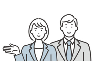 笑顔の若いビジネスマンとビジネスウーマン　案内するポーズ