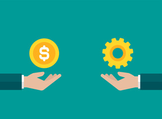 Businessman hands hold dollar coin and gear. Technology or innovation exchange, buying concept. Solution and expenses balance. Production scale. Vector illustration on blue.